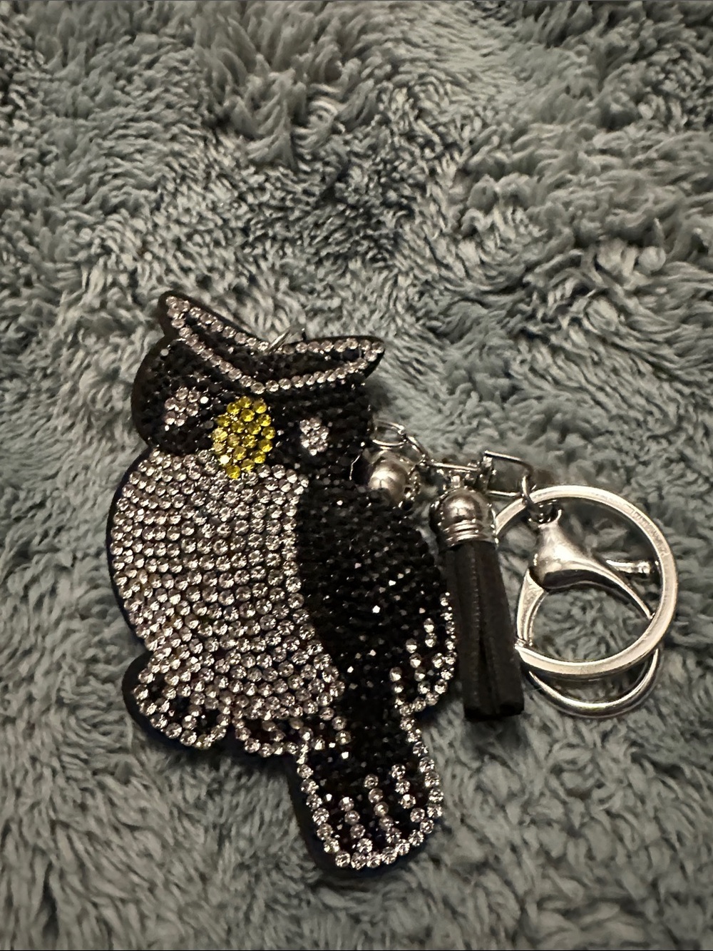 Rhinestone Owl Keychain Charm in Black and Silver